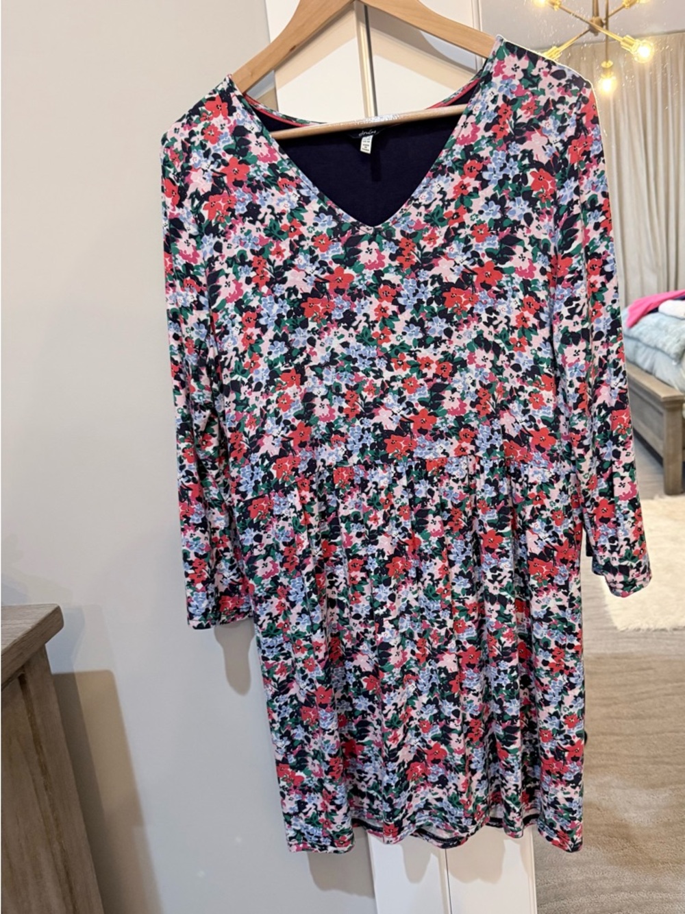 Joules Floral V-Neck Long Sleeve Dress in Pink, Green and Navy Size 10